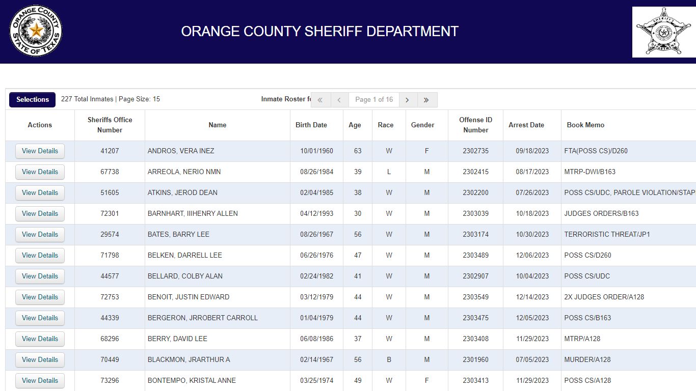 Inmate Roster - Orange County, Texas